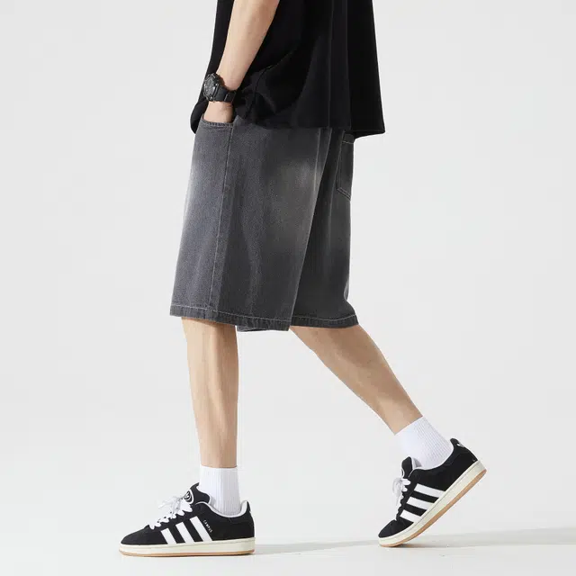 黑恐龙 美式复古水洗做旧扎染宽松舒适时尚百搭日常通勤中腰系带五分牛仔短裤 男女同款