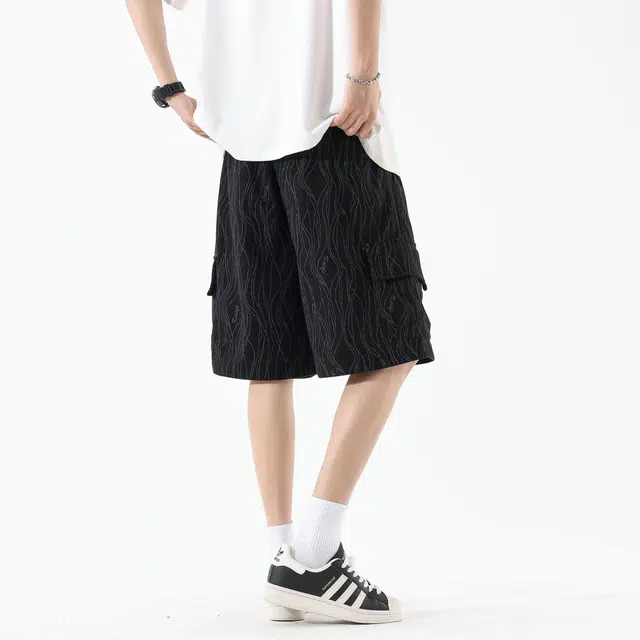 黑恐龙 美式波点线条不规则设计感清爽凉感顺滑面料宽松百搭透气运动五分休闲短裤 男女同款