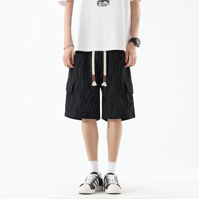 黑恐龙 美式波点线条不规则设计感清爽凉感顺滑面料宽松百搭透气运动五分休闲短裤 男女同款