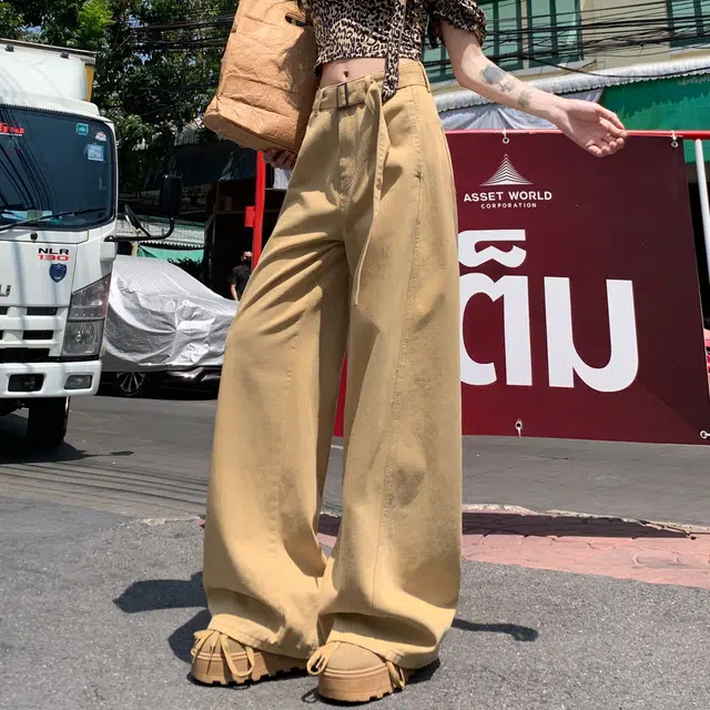 黑恐龙 美式卡其水洗阔腿宽松高腰舒适透气百搭直筒垂感休闲时尚拖地牛仔裤 男女同款