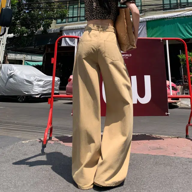 黑恐龙 美式卡其水洗阔腿宽松高腰舒适透气百搭直筒垂感休闲时尚拖地牛仔裤 男女同款