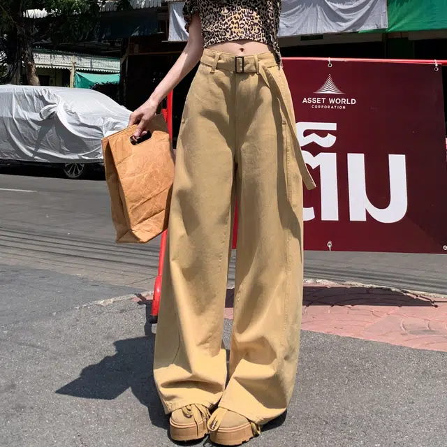 黑恐龙 美式卡其水洗阔腿宽松高腰舒适透气百搭直筒垂感休闲时尚拖地牛仔裤 男女同款