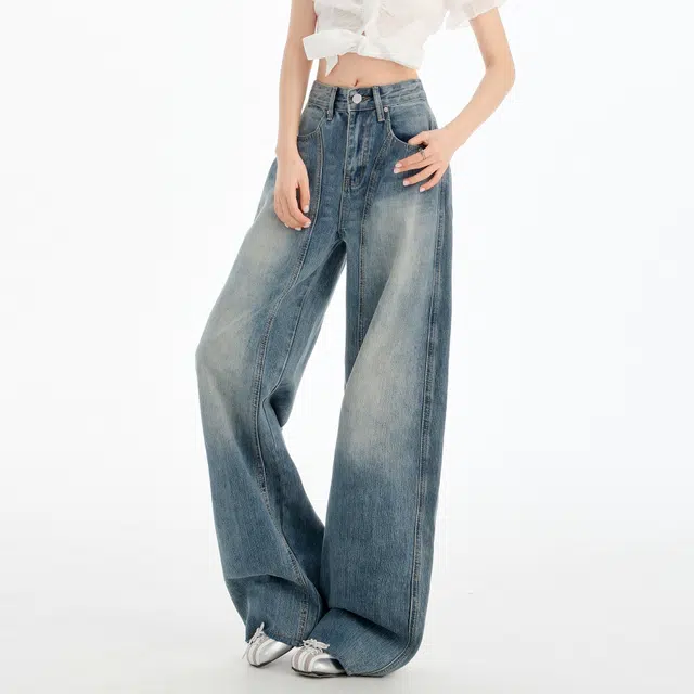 黑恐龙 美式复古水洗直筒阔腿休闲宽松百搭透气亲肤拖地慵懒时尚牛仔裤 男女同款