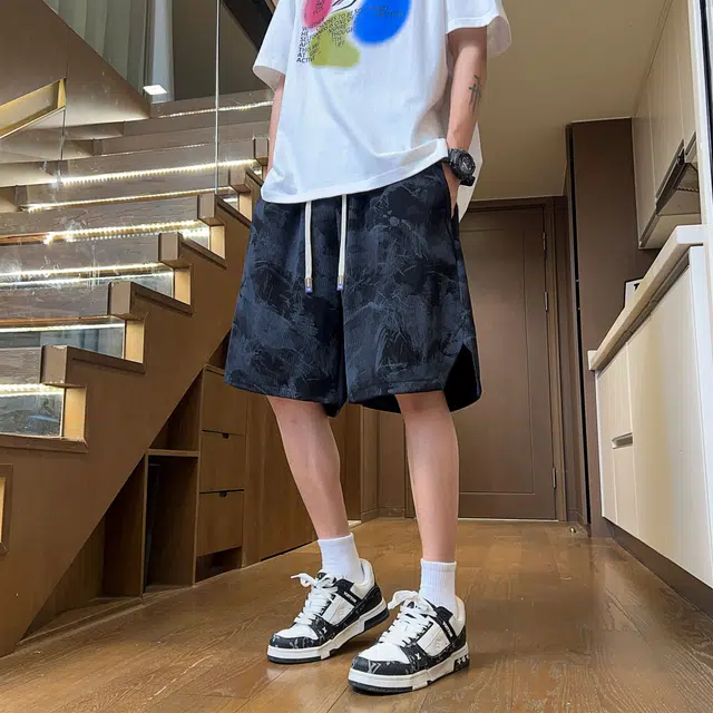 黑恐龙 新中式国风扎染大口袋设计系带亲肤舒爽泼墨工装五分时尚通勤休闲短裤 男女同款