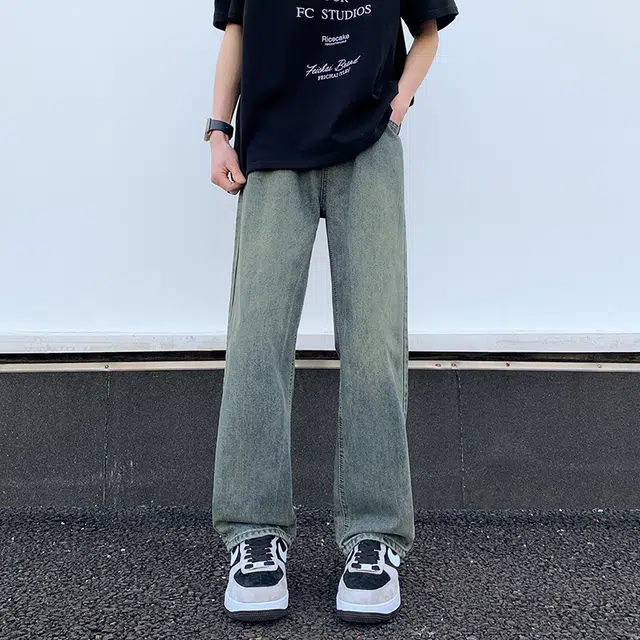 玉儿恋 纯色复古水洗做旧宽松休闲基础百搭直筒牛仔裤 男女同款