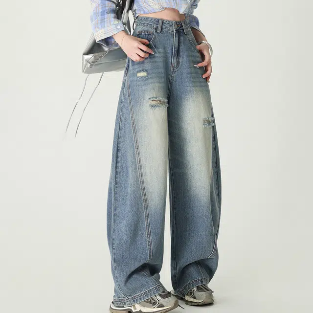 黑恐龙 美式高街破洞个性弯刀宽松垂感休闲水洗复古时尚牛仔裤 男女同款