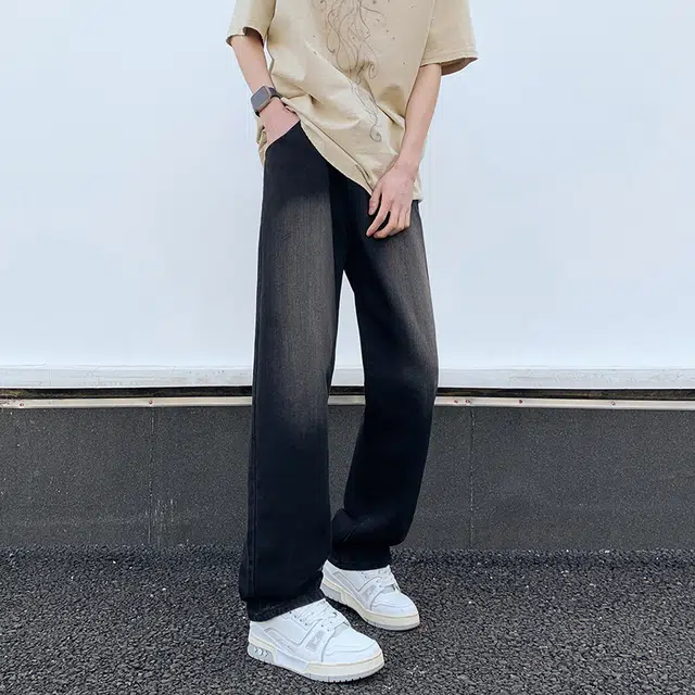 玉儿恋 纯色复古水洗做旧宽松休闲基础百搭直筒牛仔裤 男女同款