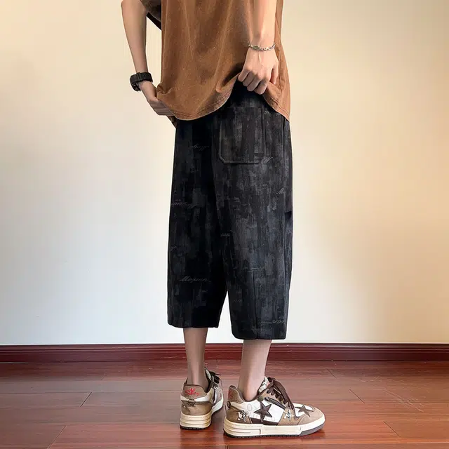 黑恐龙 美式高街潮流泼墨扎染设计凉感日常通勤户外运动百搭宽松透气七分休闲短裤 男女同款