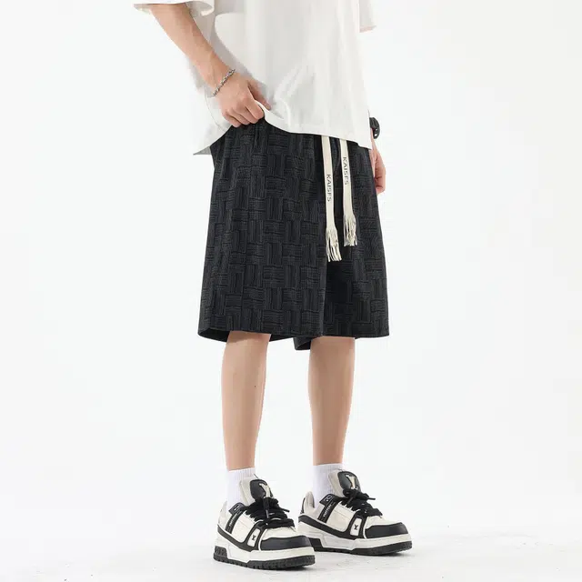 黑恐龙 美式个性潮流时尚不规则方块条纹凉感宽松直筒透气沙滩裤高街学生百搭通勤运动五分休闲短裤 男女同款