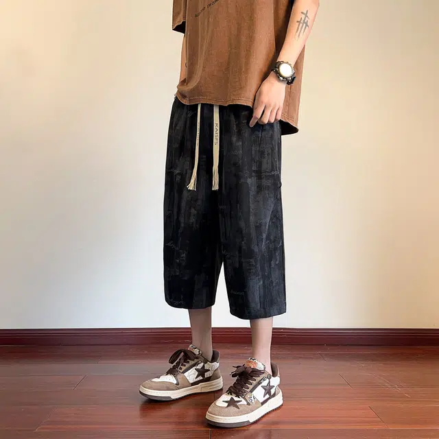 黑恐龙 美式高街潮流泼墨扎染设计凉感日常通勤户外运动百搭宽松透气七分休闲短裤 男女同款