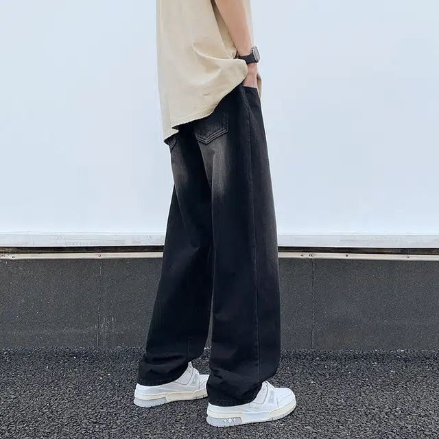 玉儿恋 纯色复古水洗做旧宽松休闲基础百搭直筒牛仔裤 男女同款