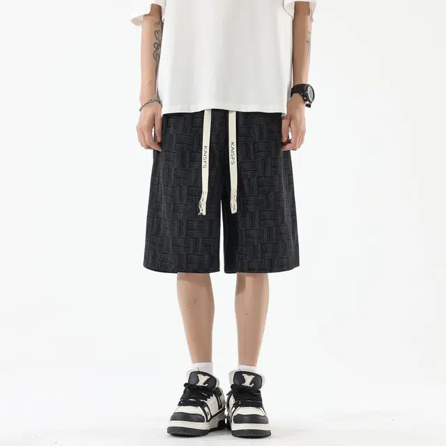 黑恐龙 美式个性潮流时尚不规则方块条纹凉感宽松直筒透气沙滩裤高街学生百搭通勤运动五分休闲短裤 男女同款