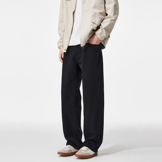 黑恐龙 美式高街潮流纯色中腰简约直筒垂感时尚百搭舒适宽松无性别主义户外休闲日常通勤长裤牛仔裤 男女同款