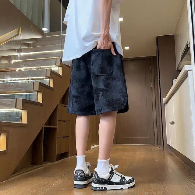 黑恐龙 新中式国风扎染大口袋设计系带亲肤舒爽泼墨工装五分时尚通勤休闲短裤 男女同款