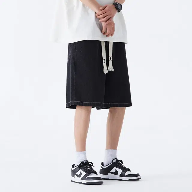 黑恐龙 美式复古高街做旧休闲百搭简约通勤中腰宽松五分牛仔短裤 男女同款