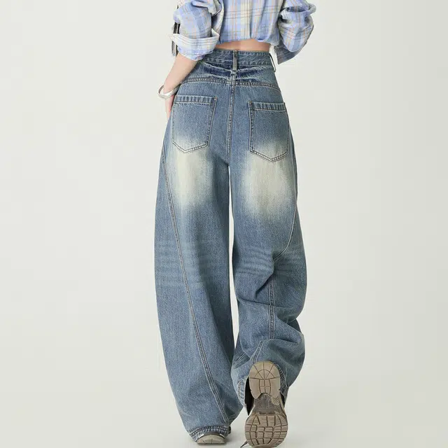 黑恐龙 美式高街破洞个性弯刀宽松垂感休闲水洗复古时尚牛仔裤 男女同款