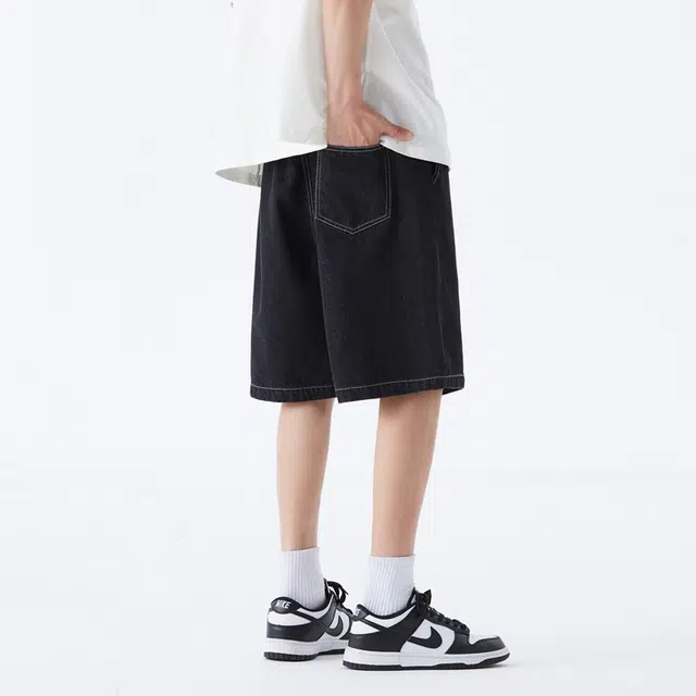 黑恐龙 美式复古高街做旧休闲百搭简约通勤中腰宽松五分牛仔短裤 男女同款