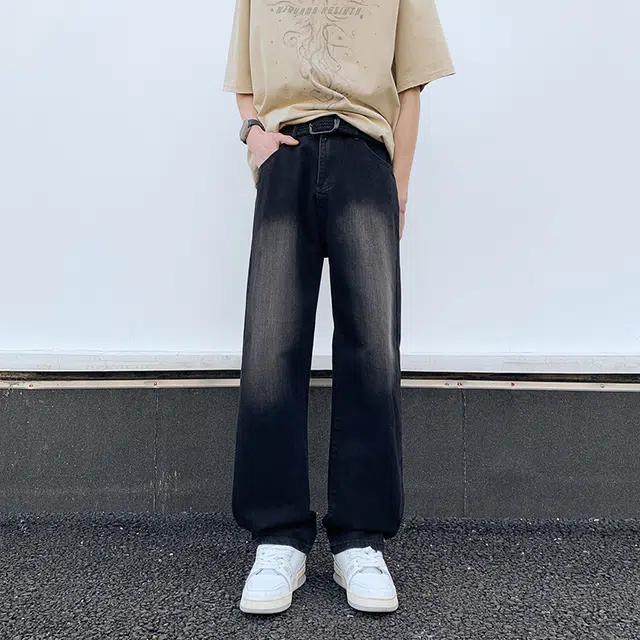 玉儿恋 纯色复古水洗做旧宽松休闲基础百搭直筒牛仔裤 男女同款