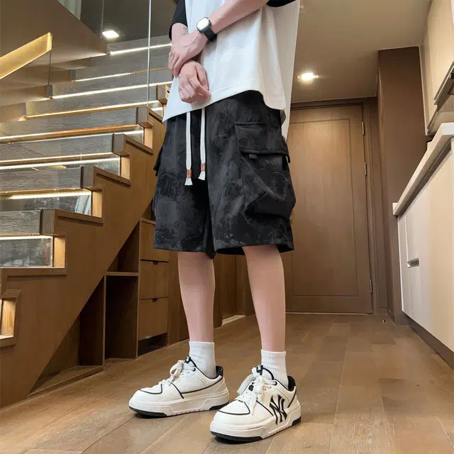黑恐龙 中式高街潮流泼墨宽松舒适运动通勤直筒小众设计高级感百搭系带五分休闲短裤 男女同款