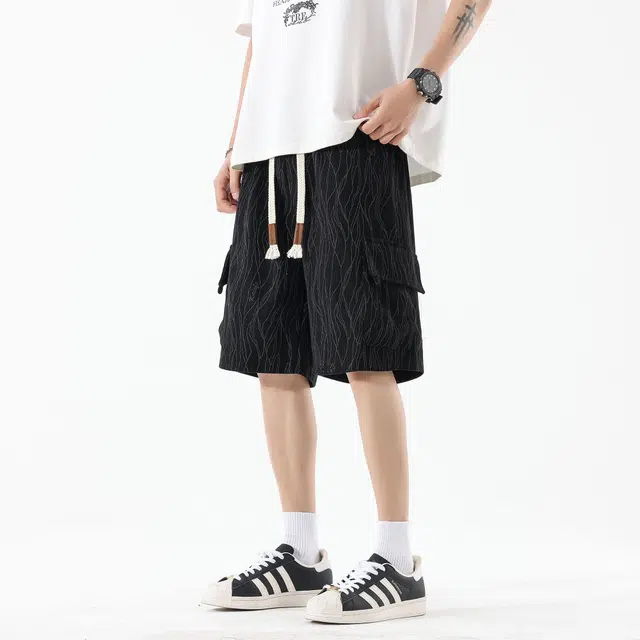 黑恐龙 美式波点线条不规则设计感清爽凉感顺滑面料宽松百搭透气运动五分休闲短裤 男女同款