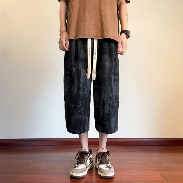 黑恐龙 美式高街潮流泼墨扎染设计凉感日常通勤户外运动百搭宽松透气七分休闲短裤 男女同款