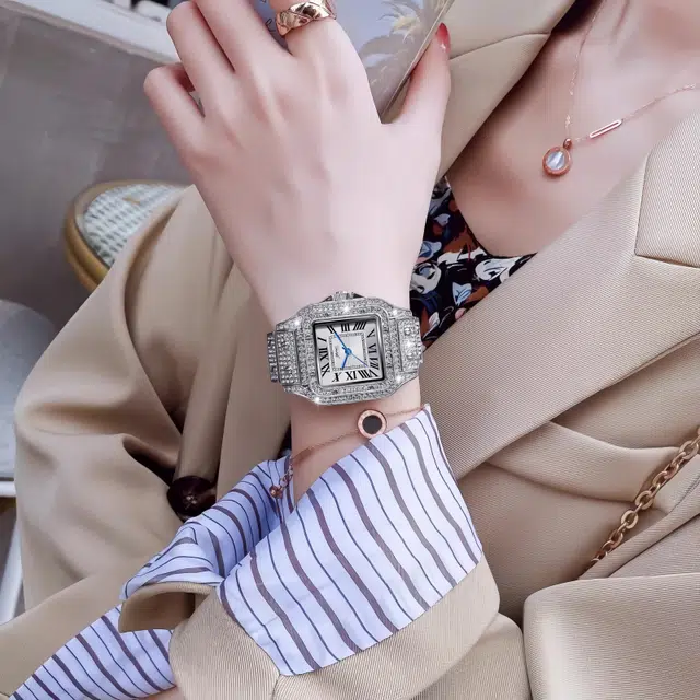 雅嘉怡 女士手表女款时尚轻奢简约气质方形小方表镶钻满天星腕表 石英机芯 精钢表带 国表 女表 白色表盘 防水