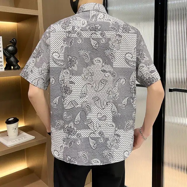 百胜狐 百胜狐夏季冰丝男小众设计感腰果印花阔版休闲百搭中袖短袖衬衫 男款