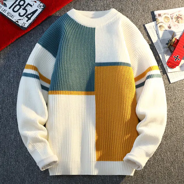百胜狐 百胜狐秋冬季拼色男青少年学生帅气上衣服男装加厚圆领套头针织衫 男款
