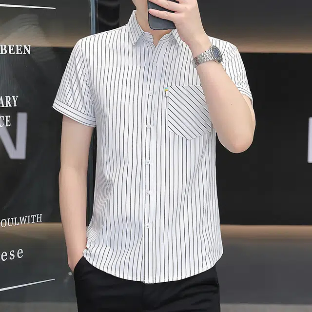 百胜狐 百胜狐夏季条纹男士高端免烫商务休闲衬衣韩版冰丝棉半袖寸衣潮短袖衬衫 男款