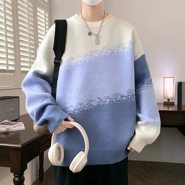 百胜狐 百胜狐圆领秋冬季宽松百搭加厚男潮牌青少年渐变色线衣服针织衫 男款