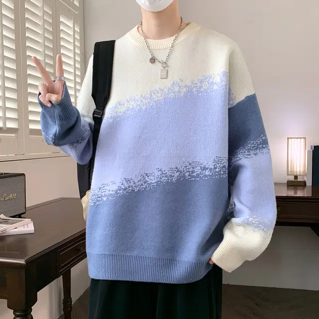 百胜狐 百胜狐圆领秋冬季宽松百搭加厚男潮牌青少年渐变色线衣服针织衫 男款