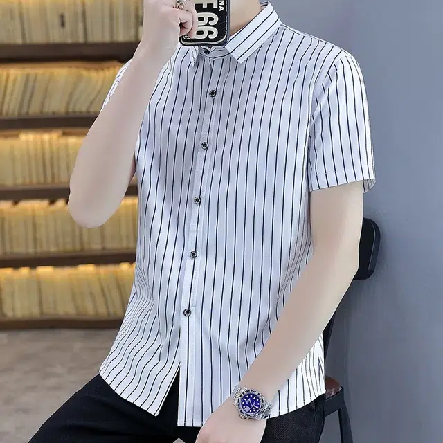 百胜狐 百胜狐短袖男士白夏季薄款修身绣标百搭休闲冰丝寸衫潮流条纹衬衣服衬衫 男款