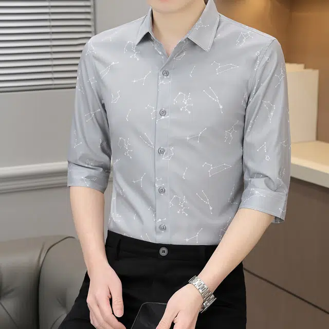 百胜狐 百胜狐夏季七分袖男士冰丝弹力抗皱高级感轻奢成熟商务中长袖衬衫 男款