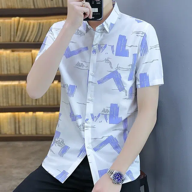 百胜狐 百胜狐夏季男士个性印花韩版修身帅气半袖寸衫休闲潮流男装衬衣短袖衬衫 男款