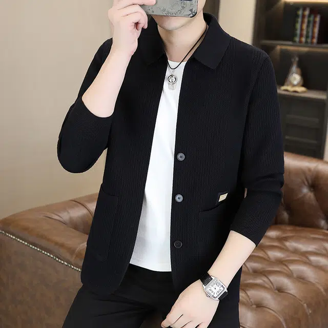 百胜狐 百胜狐男士外套秋季潮流时尚商务修身翻领纯色上衣休闲针织衫 男款