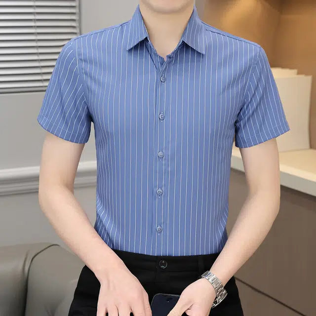 百胜狐 百胜狐竹纤维冰丝弹力免烫男士夏季商务休闲黑白条纹薄款衬衫 男款