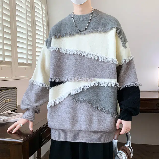 百胜狐 百胜狐个性拼接毛边设计感小众男青少年痞帅流苏线衣外套针织衫 男款