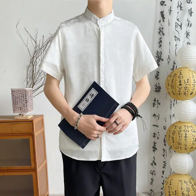 百胜狐 百胜狐印花男士中国风夏季冰丝半袖男外套青少年宽松休闲衬衣短袖衬衫 男款