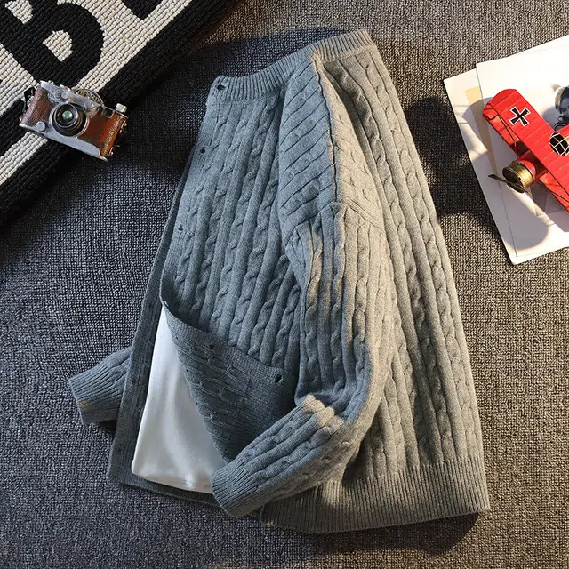 百胜狐 百胜狐高级感假两件开衫男春秋季潮牌简约慵懒风麻花休闲外套针织衫 男款