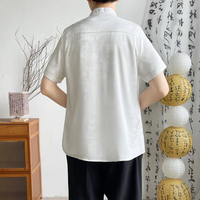 百胜狐 百胜狐印花男士中国风夏季冰丝半袖男外套青少年宽松休闲衬衣短袖衬衫 男款