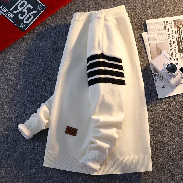百胜狐 百胜狐条纹男士秋冬季休闲圆领保暖宽松加厚潮流百搭打底针织衫 男款