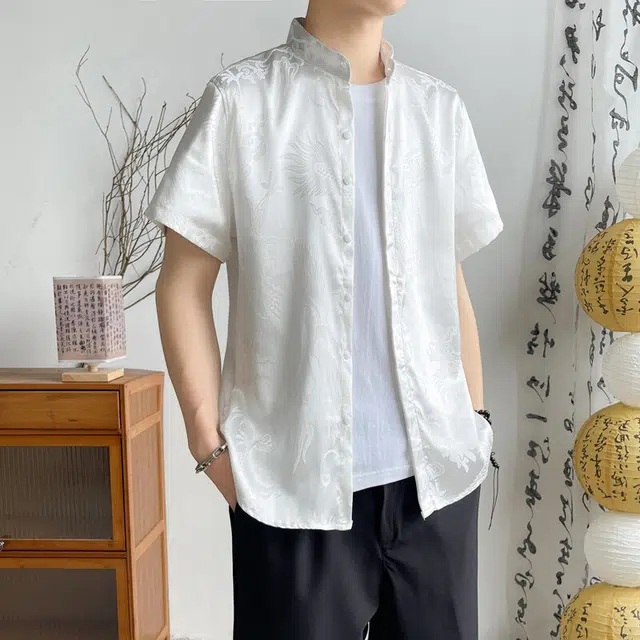 百胜狐 百胜狐国风龙纹图案男夏季短袖唐装中立领衬衣抗皱垂感半袖衬衫 男款