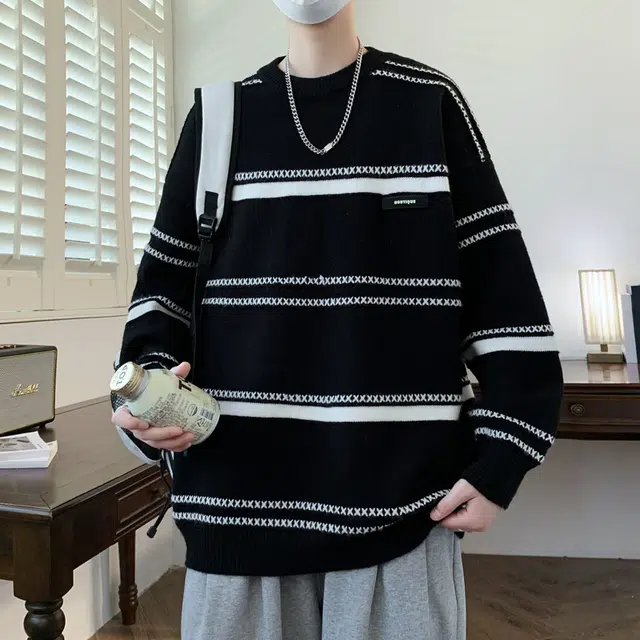 百胜狐 百胜狐高中生男秋冬季圆领加厚青少年潮牌内搭套头打底毛线衣针织衫 男款