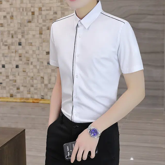百胜狐 百胜狐高级坠感夏季竹纤维免烫短袖白男士商务衬衣职业正装冰丝衬衫 男款