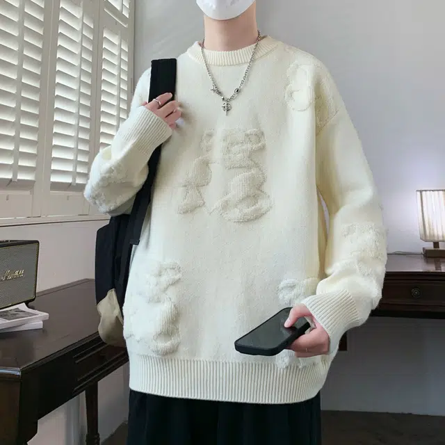 百胜狐 百胜狐冬季男厚款时尚百搭绣小熊高品质保暖青少年打底衫针织衫 男款