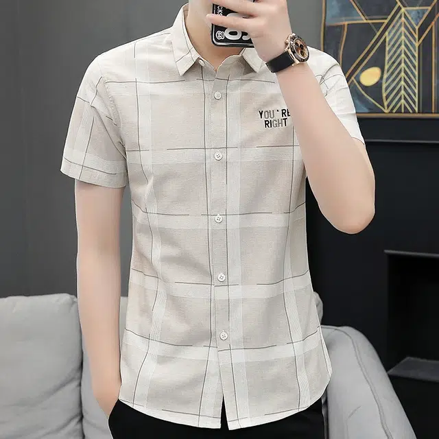 百胜狐 百胜狐夏季休闲韩版修身男士青少年时尚潮流立领棉衬衣短袖衬衫 男款