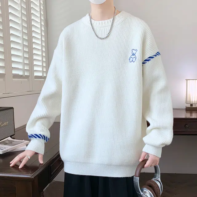 百胜狐 百胜狐纯色秋冬季小熊刺绣潮流男学生加厚慵懒风毛衫上衣针织衫 男款