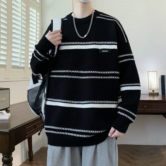 百胜狐 百胜狐高中生男秋冬季圆领加厚青少年潮牌内搭套头打底毛线衣针织衫 男款