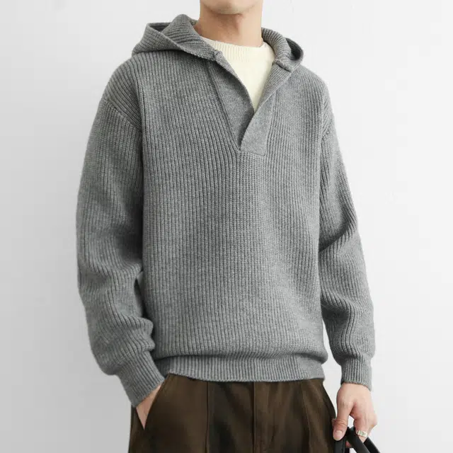 百胜狐 百胜狐连帽男春秋季宽松休闲线衣潮牌毛衫外套针织衫 男款