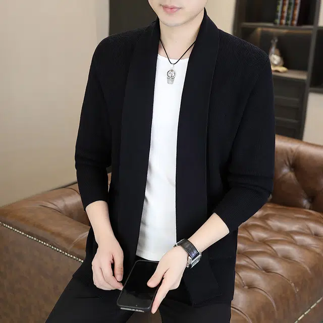 百胜狐 百胜狐纯色翻领披风外套高级感潮流帅气秋装上衣夹克男针织衫 男款